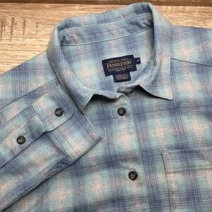 Pendleton Blue Teal Plaid 100% Virgin Wool Button Down Shirt Womens Small EUC